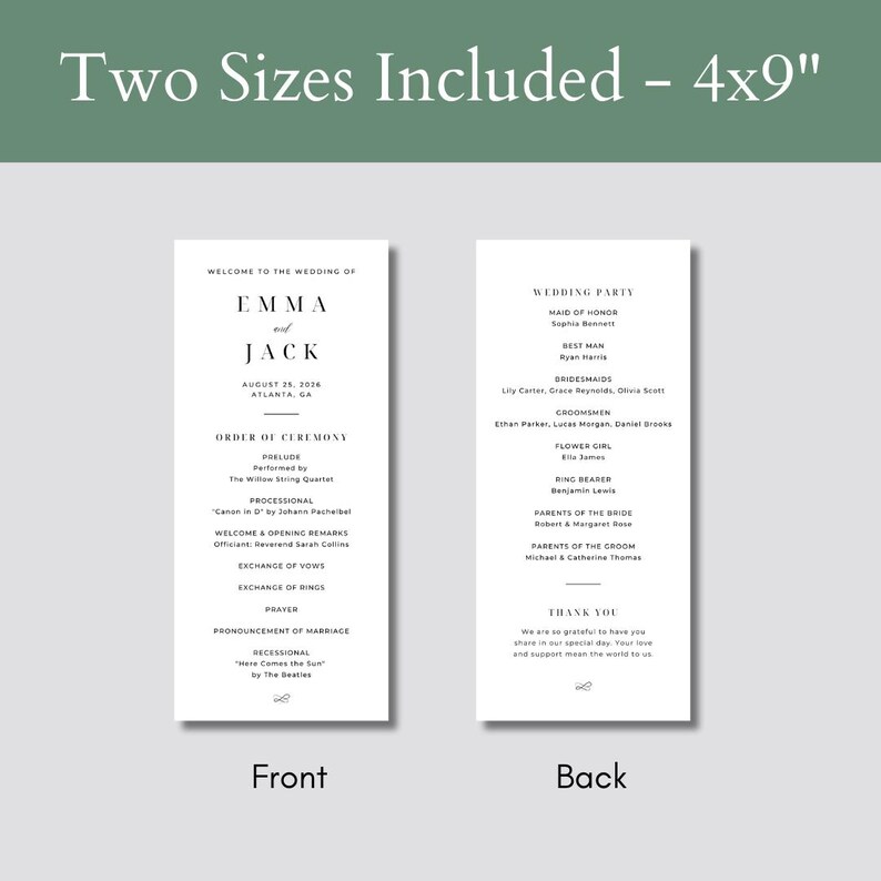 Pu&ograve; includere: Programma della cerimonia nuziale con il testo "Two Sizes Included - 4x9" in alto. Il fronte elenca i dettagli del matrimonio, inclusi i nomi Emma e Jack, la data e l'ordine della cerimonia. Il retro elenca gli invitati al matrimonio.
