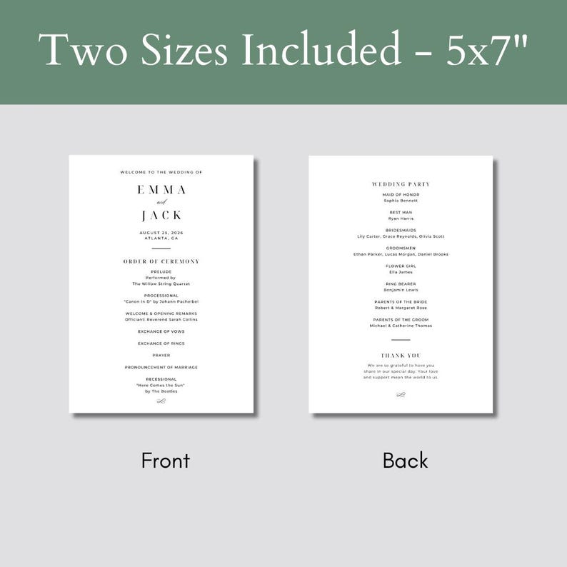Pu&ograve; includere: Sono esposti due programmi della cerimonia nuziale, ciascuno di 12,7 x 17,8 cm. Il programma frontale elenca l'ordine della cerimonia, mentre il retro elenca gli invitati al matrimonio. Il testo &egrave; nero su sfondo bianco.