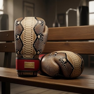 Puede incluir: Un par de guantes de boxeo con un detallado patrón de piel de serpiente en tonos beige, marrón y negro. Los guantes tienen una correa de muñeca roja ancha con una placa metálica rectangular de color dorado en la parte frontal.