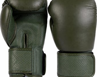 Guantes de boxeo de cuero verde oliva, entrenamiento de MMA, piel de vaca auténtica.