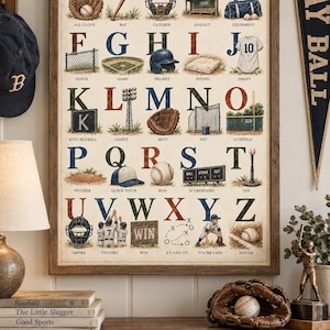 Op de afbeelding: Een ingelijste poster met een honkbal-alfabet, voorzien van illustraties bij elke letter, zoals A voor All Glove, B voor Bat en Z voor Zinger. De print toont diverse honkbaluitrusting, veldelementen en spelterminologie in een vintage stijl.