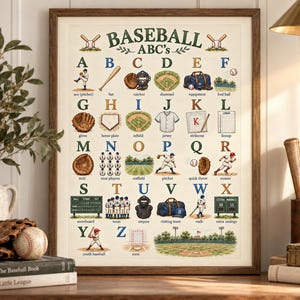 May include: A framed educational poster titled BASEBALL ABC's featuring illustrations for each letter of the alphabet related to baseball, including a pitcher, bat, catcher, diamond, equipment, foul ball, glove, home plate, jersey, and scoreboard.