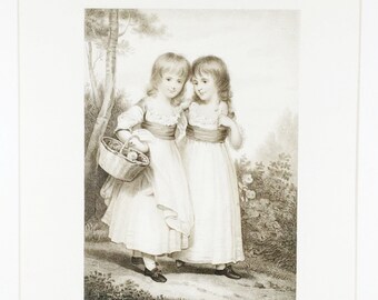 Framed print engraving two young Victorian girls children Edward William Stodart signed