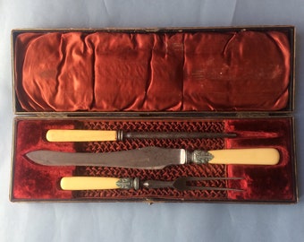 Antique meat serving cutlery set  and sharpening steel, silver plated