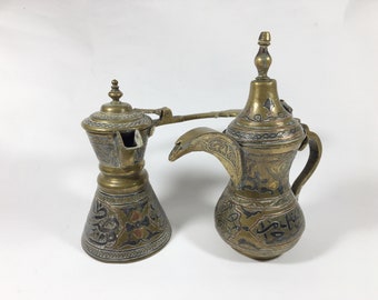 Vintage Middle Eastern Dallah coffee pot and water jug Copper brass and silver overlay