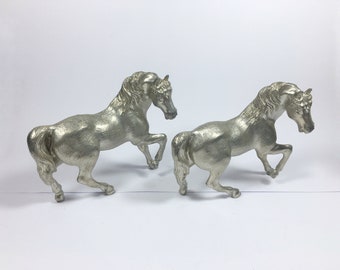 Pair galloping horses stallions silver colour metal ornament statue Table decor