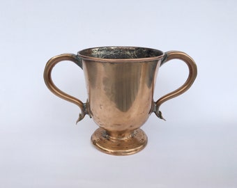 Heavy antique copper vase loving cup trophy with handles Ale beer tankard Handmade Rustic