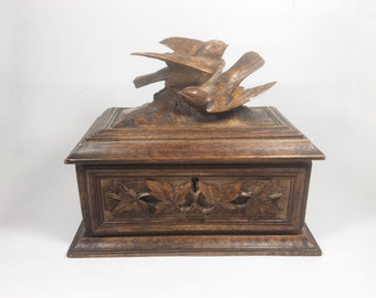 Antique Back Forest carved wooden jewellery box Casket Carved birds Swallows Vine leaves