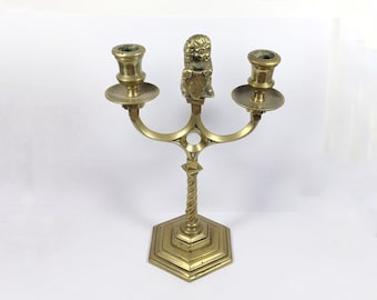 Antique brass candelabra with lion holding shield, candlestick for two candles, candle holder 9” tall, gothic heraldic, candleabra