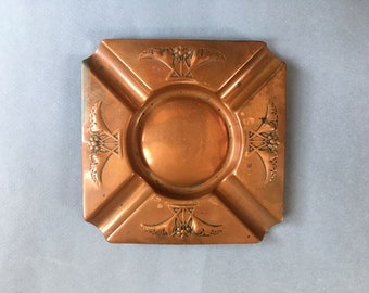 German WMF Copper ashtray Art Nouveau raised design Ostrich mark Trinket change tray Square shape Floral pattern Ring dish