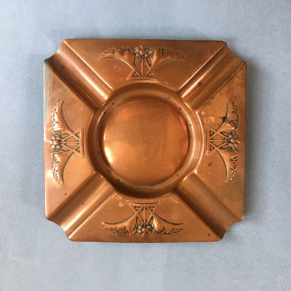 German WMF Copper ashtray Art Nouveau raised design Ostrich mark Trinket change tray Square shape Floral pattern