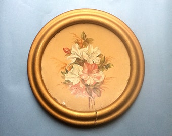 19th century metal round flower painting plaque Gold painted wooden frame Floral art Victorian decor