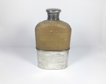 Antique Victorian wicker glass hip spirit flask with sterling silver lid and silver plated cup, Lund of Cornhill 1862