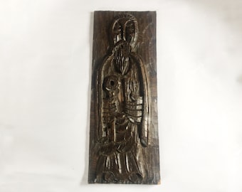 Vintage carved wooden panel Bearded man Norse God Viking Medieval style figure hand carved rustic