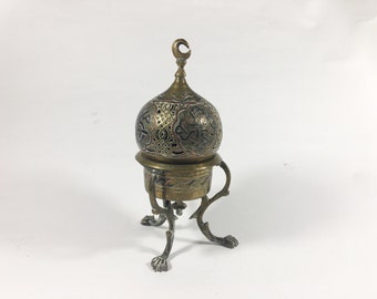 Vintage brass incense burner / holder Tripod legs Middle Eastern Etched engraved metal