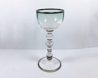 Antique wine glass, silvered rims, knopped stem, graduated blue / green coloured