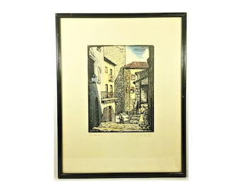 Spain Catalonia Coloured Woodblock Print on paper by Juan Castells Marti