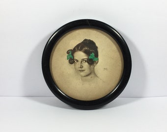 Vintage Franz Stuck framed print young girl portrait miniature Small round black frame