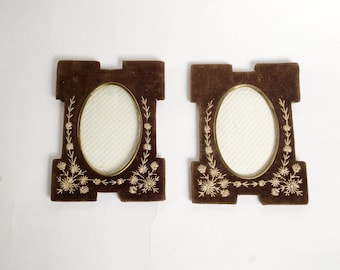 Vintage pair of photo picture frames Brown velvet with cream embroidery Rectangular shape with oval image area, wall hanging