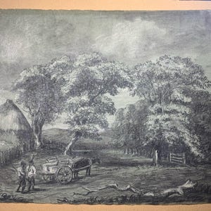 19 世紀のオリジナルの木炭による風景画、馬と荷車の人物、H Munro?