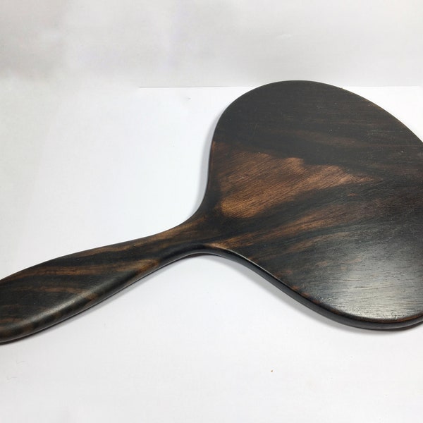 Vintage oval ebony wood hand mirror bevelled edge glass