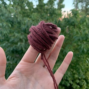 Può includere: Un cordoncino lavorato a maglia di colore marrone scuro, testurizzato e avvolto in un piccolo gomitolo arrotondato. Il cordoncino presenta un distinto motivo a maglia, simile a una treccia, lungo tutta la sua lunghezza, con un'estremità libera.