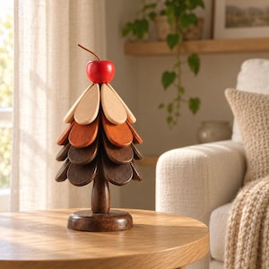 May include: A decorative wooden tree sculpture featuring a central trunk and a circular base. The tree is composed of layered, petal-shaped wooden pieces in a gradient of colors, ranging from light beige at the top to dark brown at the base, topped with a red apple.