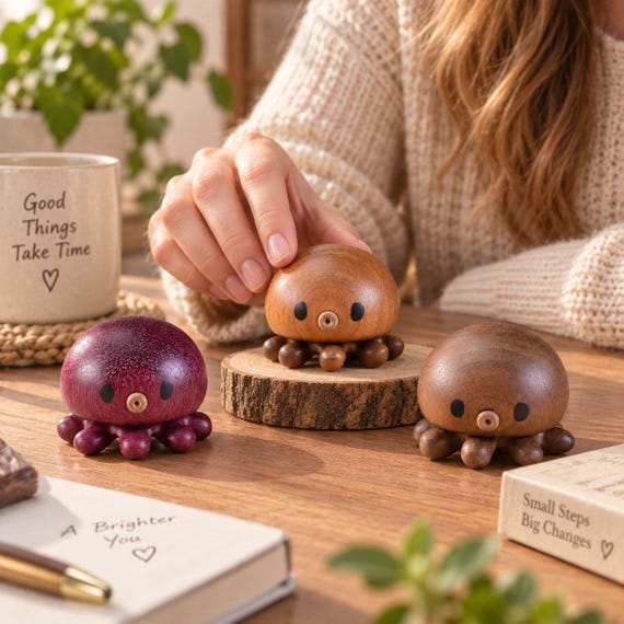 A hand-carved wooden octopus with magnetic elements that doubles as a fidget toy — tactile, sculptural, and genuinely one-of-a-kind desk art.