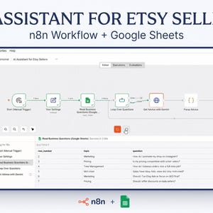 Op de afbeelding: Een digitale interface die een AI-assistent workflow voor Etsy-verkopers toont met n8n en Google Sheets. Het scherm toont een stroomdiagram met knooppunten genaamd Start, Get Settings, Read Business Questions, Loop, Get Advice, Parse en Write Report.