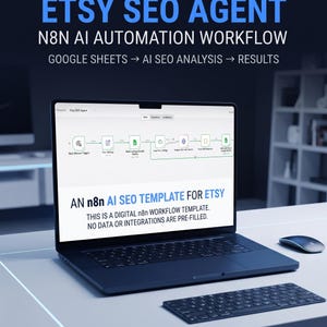 May include: A laptop displaying an n8n AI automation workflow for Etsy SEO. The screen shows a flowchart with nodes labeled Start, Your Settings, Read Listings, Loop, Analyze, and Write. Text reads: ETSY SEO AGENT N8N AI AUTOMATION WORKFLOW.