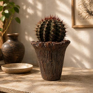 Puede incluir: Un cactus redondo de color verde oscuro con espinas afiladas de color marrón rojizo, plantado en una maceta de cerámica texturizada de color marrón oscuro. La maceta presenta un patrón vertical similar a la corteza y un borde irregular.
