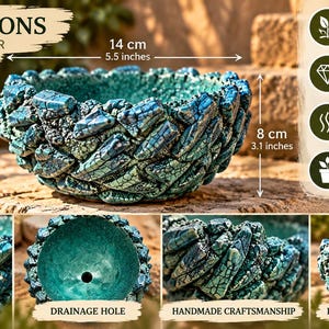 May include: A round ceramic planter with a textured, crackled teal and blue glaze. It measures 14 cm in diameter and 8 cm in height. The exterior features a jagged, layered surface, and the base includes a central drainage hole.