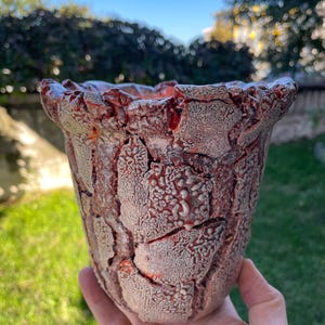 May include: A ceramic planter with a textured, cracked surface featuring a mix of deep red and light beige tones. The exterior has a rugged, uneven appearance with raised, plate-like segments and a wide, flared rim with a jagged edge.