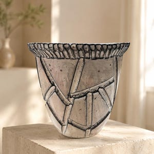May include: A ceramic vase with a tapered base and a wide, flared rim. The surface is off-white with a speckled texture and features dark, charcoal-colored raised lines forming a geometric, grid-like pattern across the exterior body.