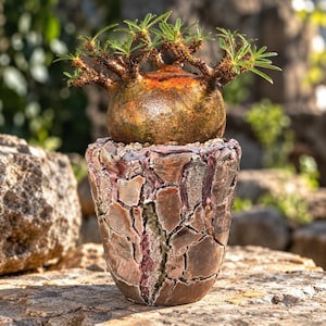 Könnte beinhalten: Eine Pachypodium-Sukkulente mit einem bauchigen, strukturierten, bronzefarbenen Caudex und dünnen grünen Blättern, eingetopft in ein handgefertigtes Keramikgefäß mit rissiger, mehrfarbiger Glasur in dunklen Braun-, Rot- und Grautönen.