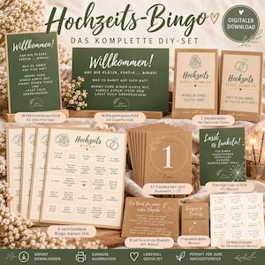 May include: A wedding bingo DIY set featuring green and kraft paper cards, signs, and labels. Includes Hochzeits-Bingo game sheets, welcome signs, table numbers 1-17, winner bag toppers, sparkler signs, and a letter for the first year of marriage.