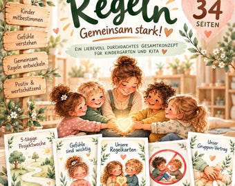 May include: A 34-page educational resource titled Unsere Regeln Gemeinsam stark! featuring illustrations of children and an adult. Includes a wooden signpost with text and five cards showing project themes, emotional guidance, rule cards, and group agreements.