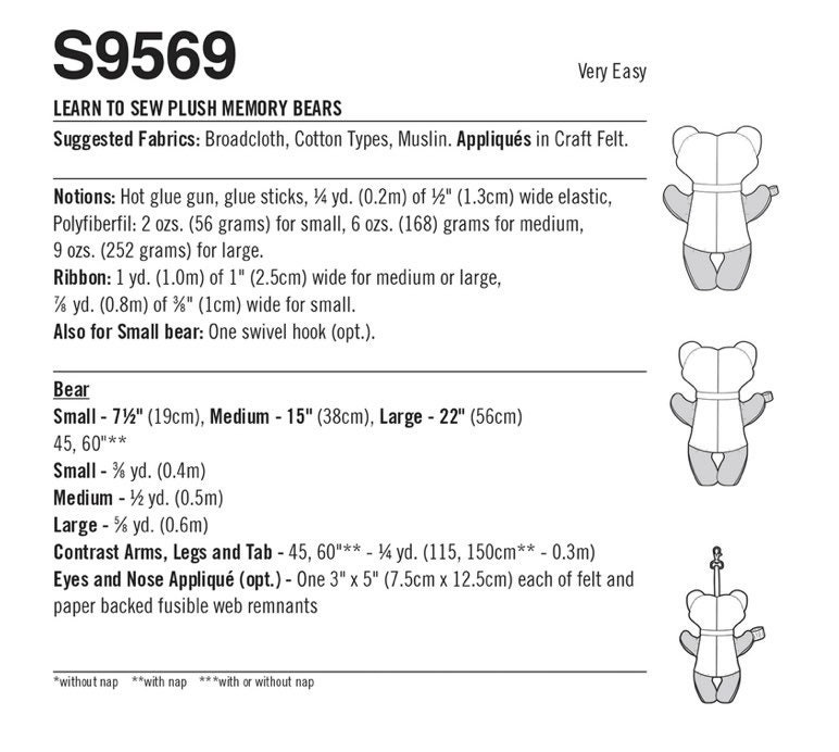 S9569, Learn to Sew Plush Memory Bears