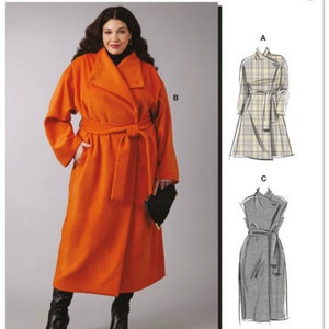 May include: McCall's sewing pattern M8439 for a long wrap coat with a self-tie belt. The pattern includes three variations: a plaid coat, a solid orange coat, and a solid gray coat.