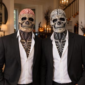 Op de afbeelding: Twee schedelmaskers met zichtbare hersendetails, één roze en één grijs, gedragen met zwarte colberts en witte overhemden. De maskers hebben realistische botstructuren, diepe oogkassen en zichtbare skeletstructuren bij de nek en borstkas.