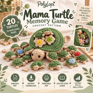 Może przedstawiać: Wzór szydełkowy na grę pamięciową Mama Turtle z 20 żółwiami i 10 pasującymi parami. Obraz przedstawia dużego szydełkowanego żółwia z pustą skorupą zawierającą mniejsze kolorowe żółwie, z tekstem PolyLopi.
