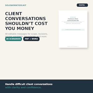 Puede incluir: Un kit de comunicación con clientes para freelancers digitales que incluye 40 mensajes editables para alcance, revisiones, precios y pagos. El documento incluye formatos PDF y Word con el texto Client Conversations Shouldn't Cost You Money.