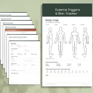 Könnte beinhalten: Ein Set aus gedruckten Papierformularen mit dem Titel Eczema Triggers & Skin-Tracker. Die Seiten enthalten eine Körperkarte mit vier menschlichen Silhouetten, Kontrollkästchen für Juckreizempfindungen sowie tägliche Protokolle zur Gesundheitsüberwachung.