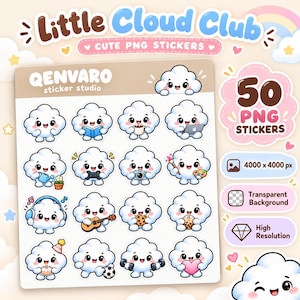 Może przedstawiać: Cyfrowy arkusz naklejek zatytułowany Little Cloud Club zawierający 50 naklejek PNG przedstawiających białe chmurki z kreskówek z twarzami. Chmurki wykonują różne czynności, takie jak czytanie, granie, malowanie, granie muzyki i trzymanie przedmiotów.