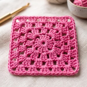 May include: A square crochet granny square motif in a vibrant pink yarn. The piece features a central circular pattern that transitions into a geometric square shape with open spaces between the clusters of double crochet stitches throughout.