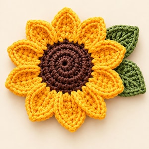 Puede incluir: Una flor de girasol tejida a ganchillo con un centro circular de color marrón oscuro rodeado de pétalos de color amarillo brillante. Dos hojas verdes texturizadas están unidas al lado derecho de la flor, creando un diseño floral detallado.