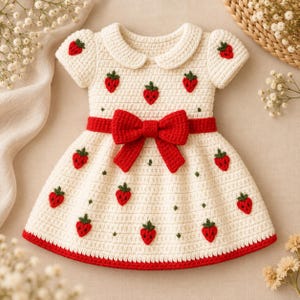 Könnte beinhalten: Ein cremefarbenes Häkelkleid mit Bubikragen, kurzen Puffärmeln und einer großen roten Schleife in der Taille. Das Kleid ist mit kleinen roten Erdbeermotiven mit grünen Blättern verziert und hat einen roten Saum.