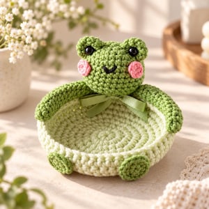 Pode incluir: Uma tigela de crochê em forma de sapo com uma base circular verde-clara, dois pés pequenos e uma cabeça de sapo com olhos pretos e bochechas rosadas. Uma fita fina verde-oliva está amarrada em um laço ao redor do pescoço do sapo.