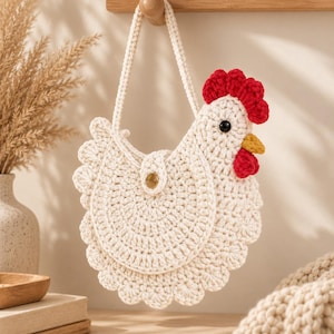 May include: A cream-colored crochet bag shaped like a chicken, featuring a red comb and wattle, a yellow beak, and a black eye. The bag has a scalloped edge, a single top handle, and a circular front flap secured with a metallic gold-toned snap button.