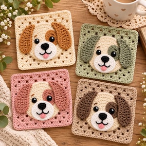 May include: Four square crochet coasters featuring dog faces with floppy ears, black eyes, and pink tongues. The coasters are in cream, sage green, dusty pink, and tan, each with a classic granny square border pattern in matching yarn colors.